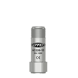 A render of a CTC AC220 stainless steel, miniature size, top exit industrial vibration sensor.